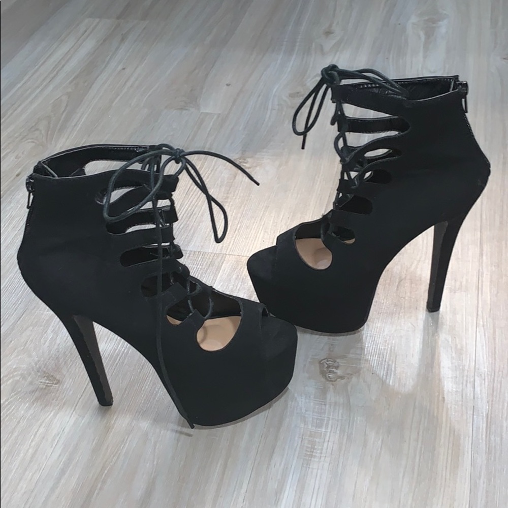 Black Lace-Up Platform Heels